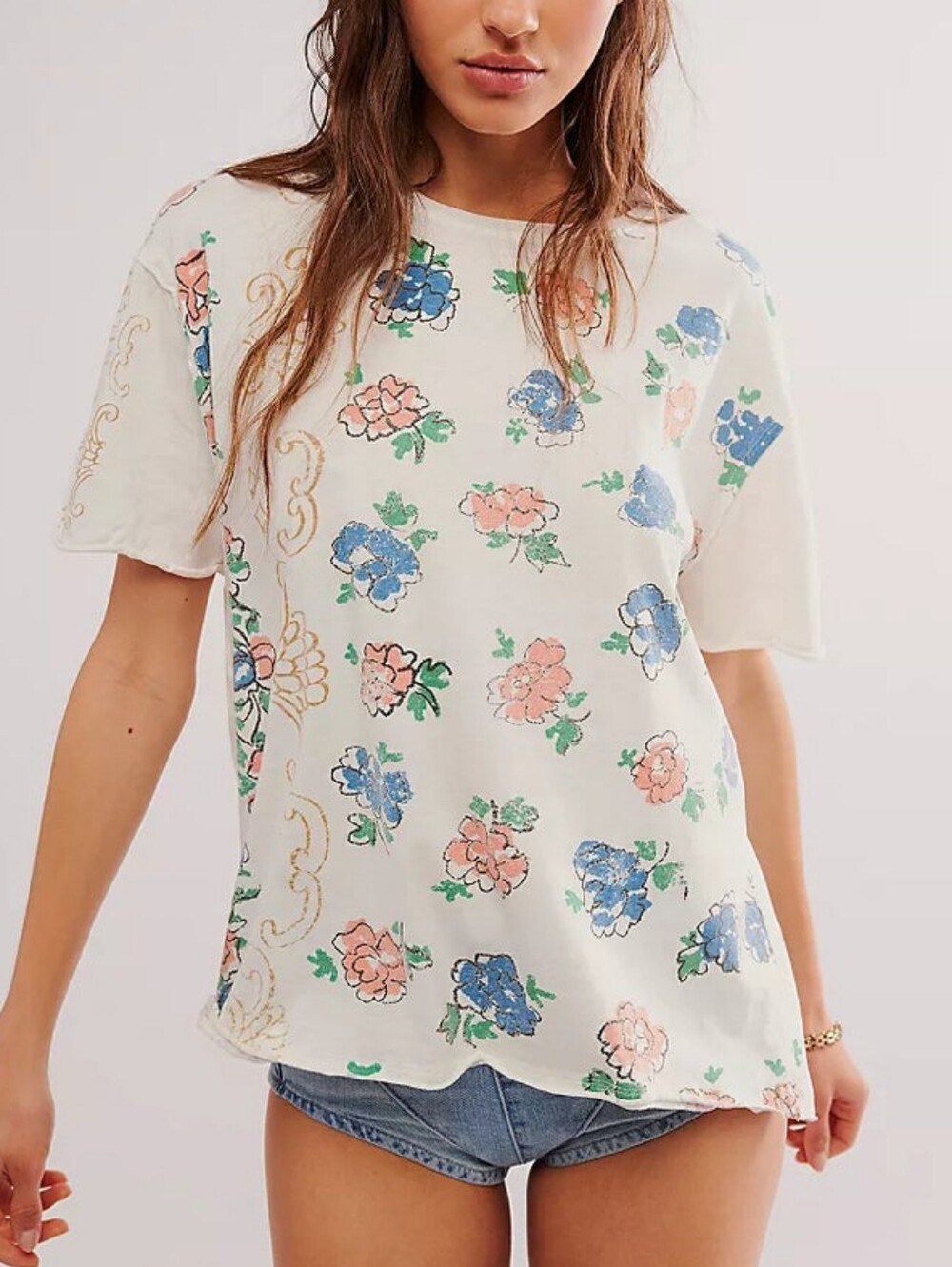 Free People We The Free Boheme Ivory Floral Short Sleeve Crewneck Oversized Tee